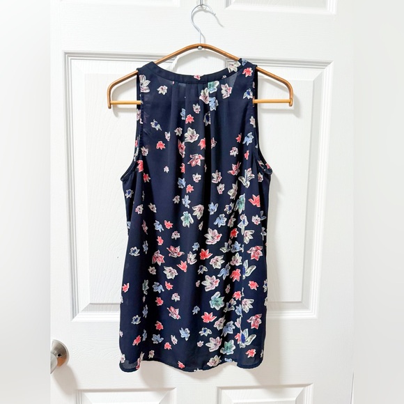 Floral collarless blouse tank top navy blue small preppy business casual - Picture 4 of 4
